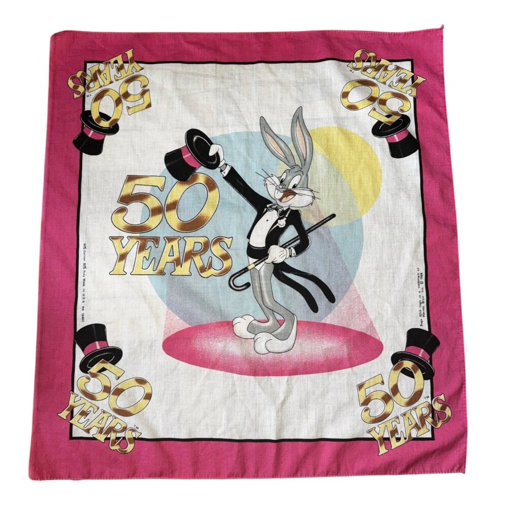 Bugs Bunny 50th Anniversary Pink & White Fabric Bandana 1989 Warner Bros Cartoon